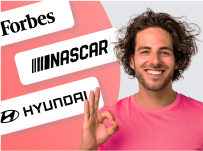 This picture depicts a man with logos behind him.