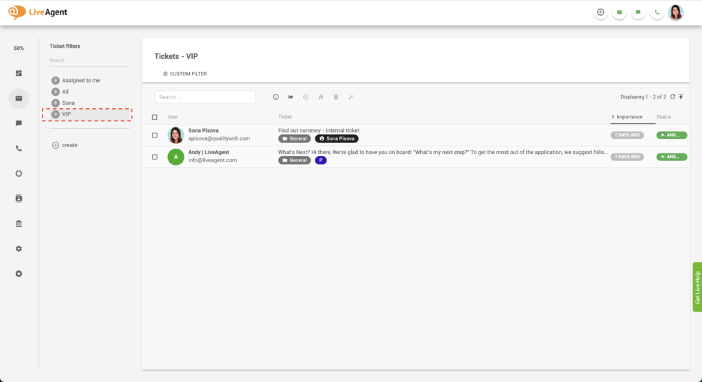 no-borders LiveAgent VIP ticket filter