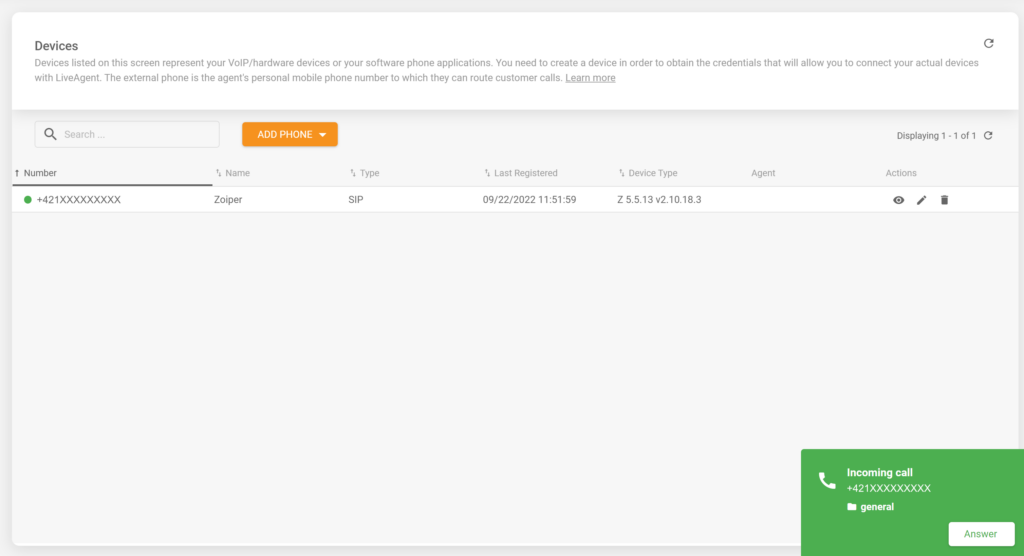 A picture showing an incoming call in a successfully integrated Zopier softphone with LiveAgent help desk software