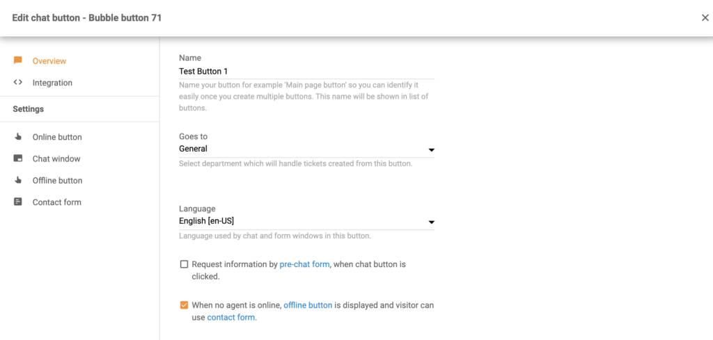 Chat button configuration as a part of Volusion integration