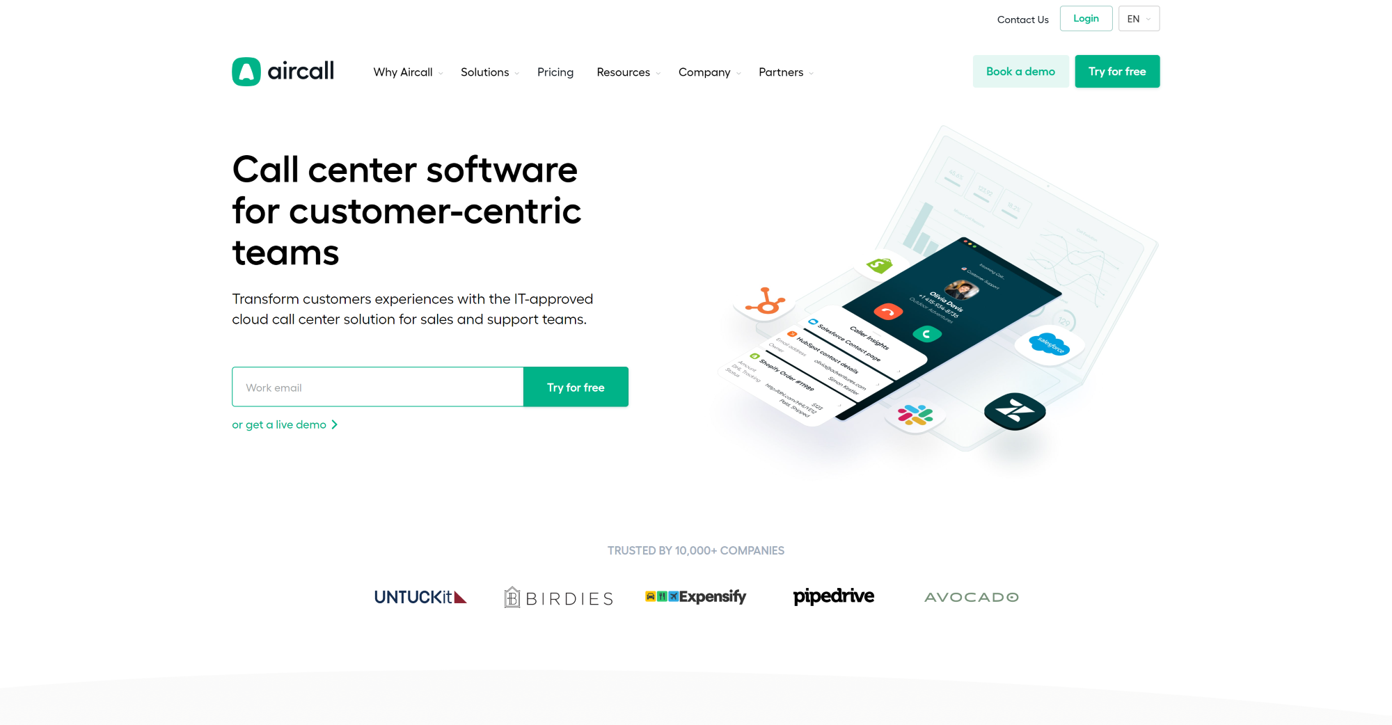 Aircall Call Center-programvarehjemmeside