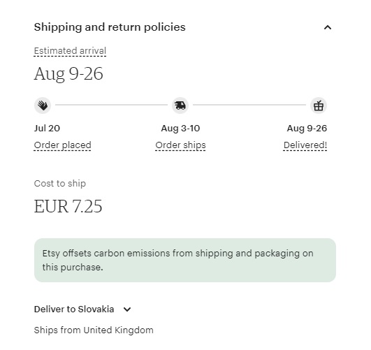 Etsy estimated arrival date example