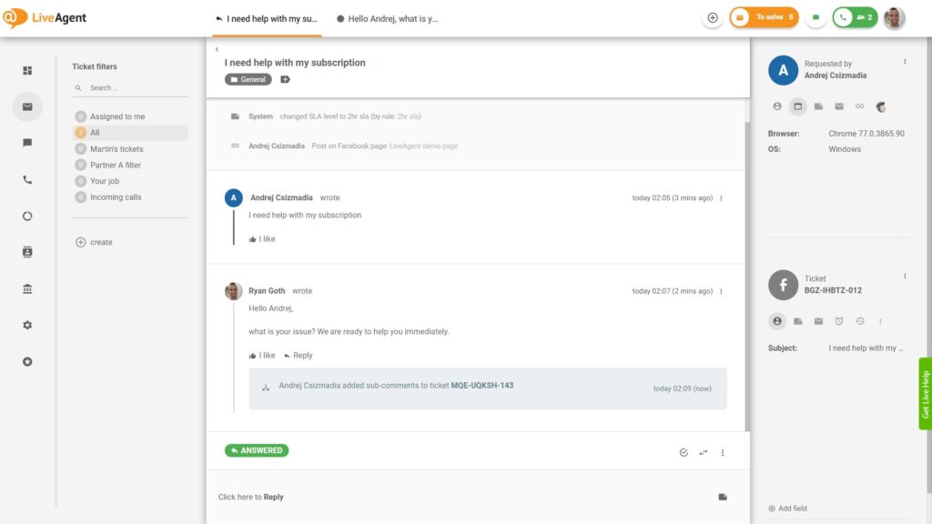 Facebook comment - view in LiveAgent