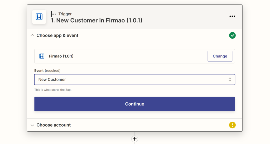 A picture showing the selection of a Firmao event during the integration configuration on Zapier