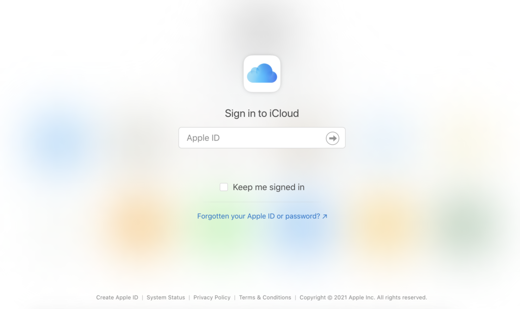 iCloud website with login options