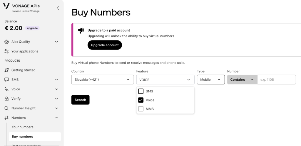 Buy number section in Vonage dashboard