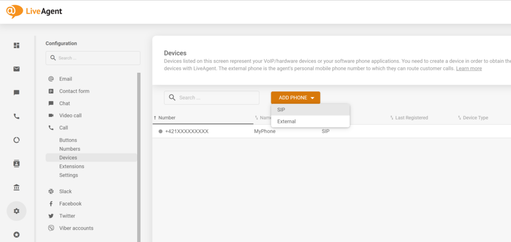 A picture showing how to add a new SIP phone in LiveAgent configuration