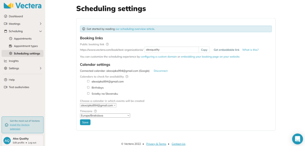 A picture showing Vectera Scheduling meetings settings with the option to get an embeddable link