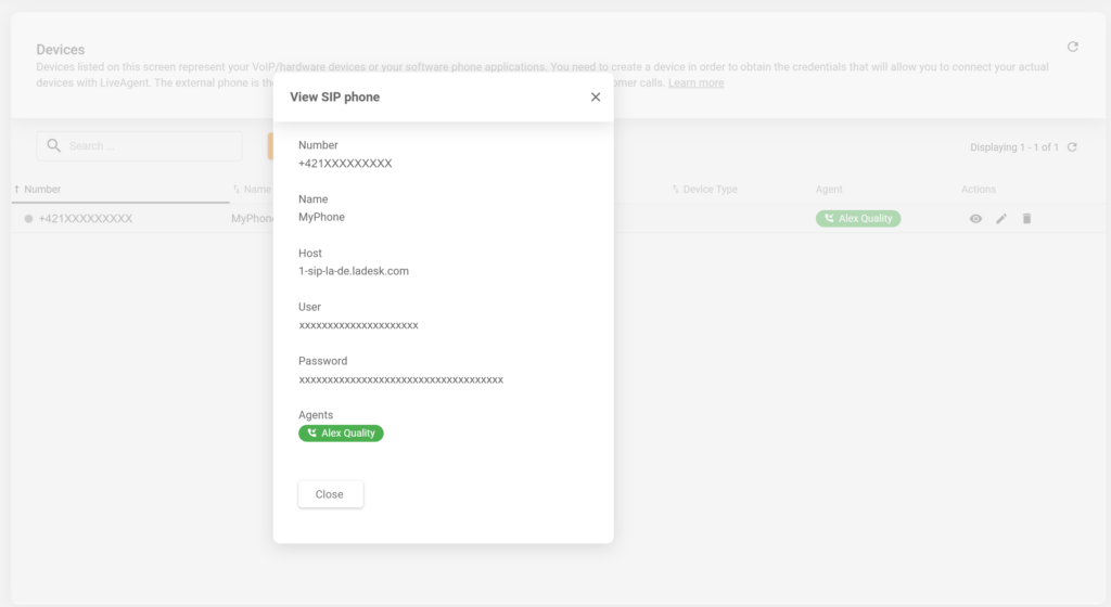 A picture showing details of a newly created SIP phone in LiveAgent configuration