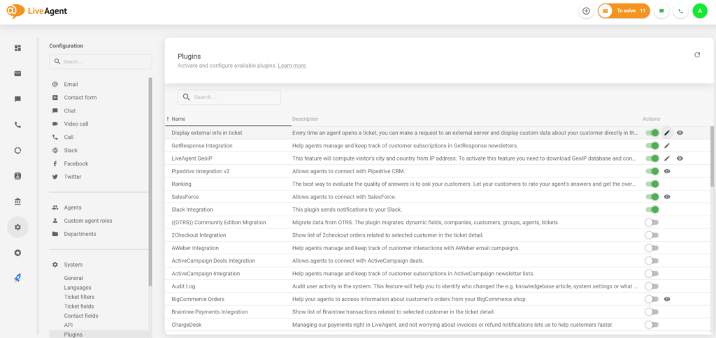 A picture showing an active External info plugin in LiveAgent configuration