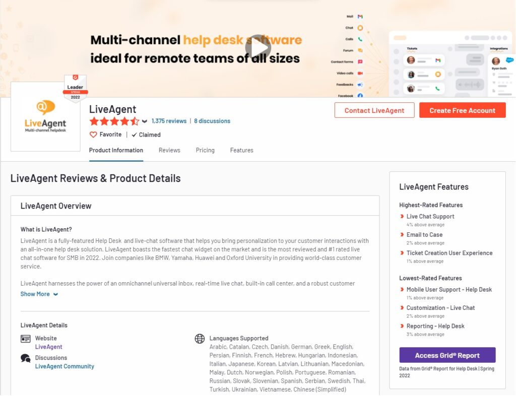 G2 - LiveAgent-anmeldelser og produktdetaljer
