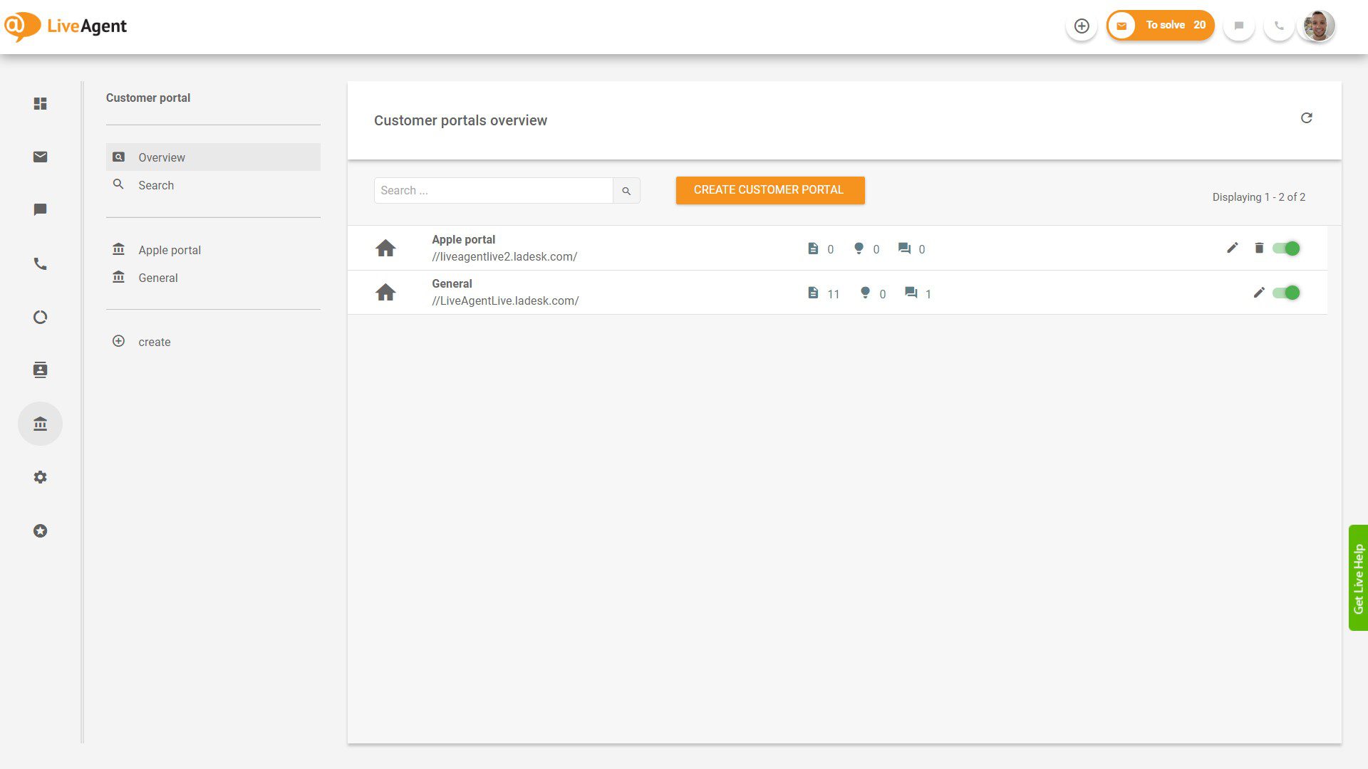 Oversikt over LiveAgent-billetter inne i applikasjonen