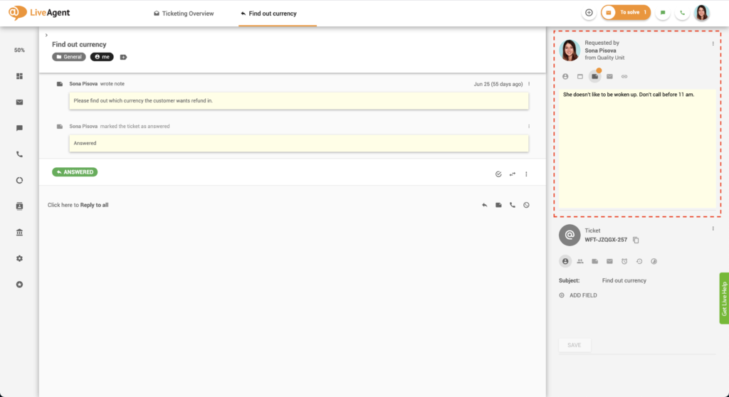 Notes in Tickets - LiveAgent