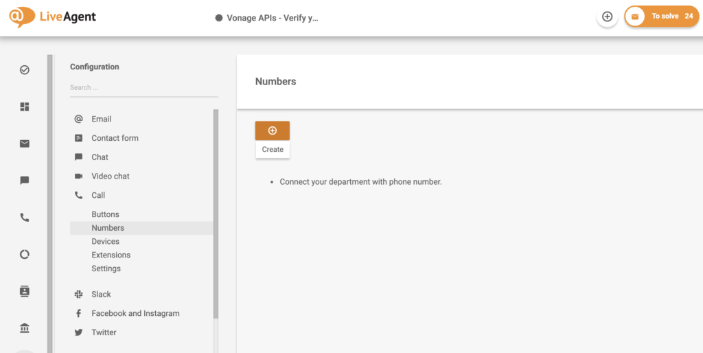 Number configuration with create button in LiveAgent