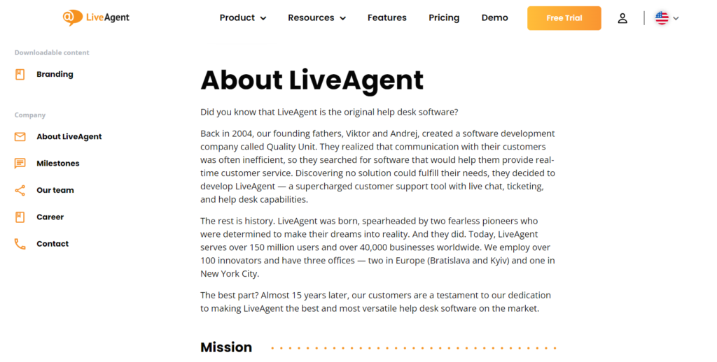 LiveAgent Om oss-side