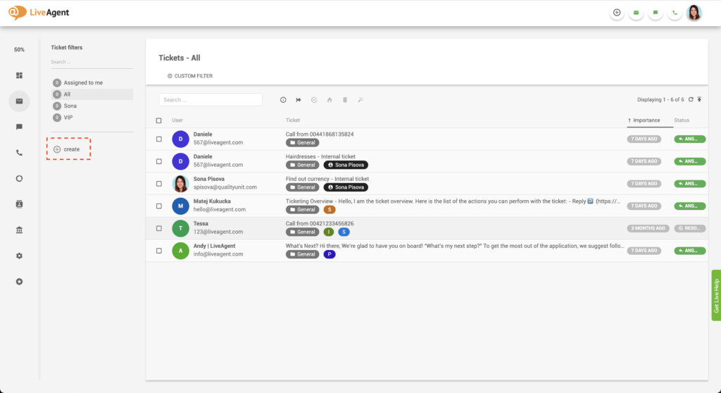 LiveAgent Create filter