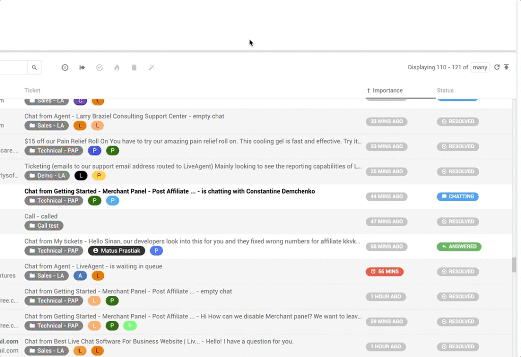 LiveAgent inbox overview