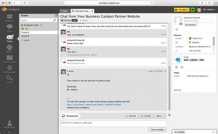 email sent LiveAgent